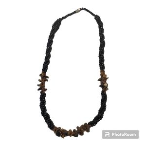 VTG Onyx Seed Beads & Tigers Eye Stone Chips 3 Strand Twist Torsade Necklace 20"